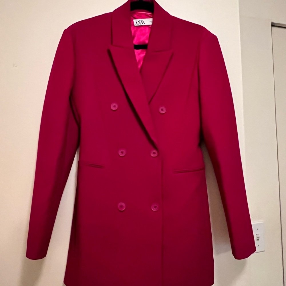 Zara Fuchsia Pink Double Breast Blazer/Long Jacket/Mini Dress/Size Small